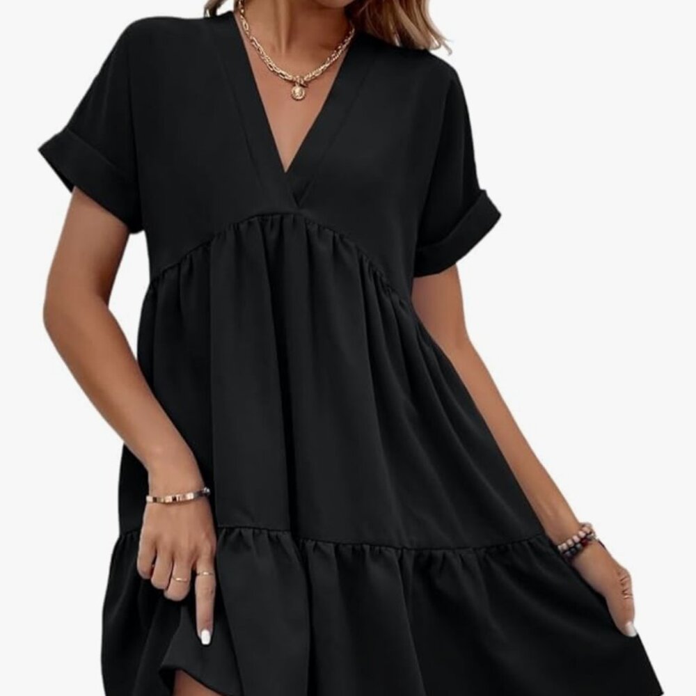 ✨ HUBERY Women's V Neck Rolled Short Sleeve Babydoll Dress – Pleated, Tiered